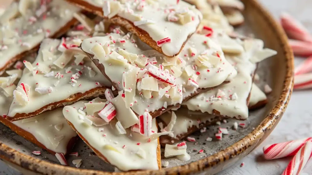 White Chocolate Peppermint Pretzel Crisps with candy toppings