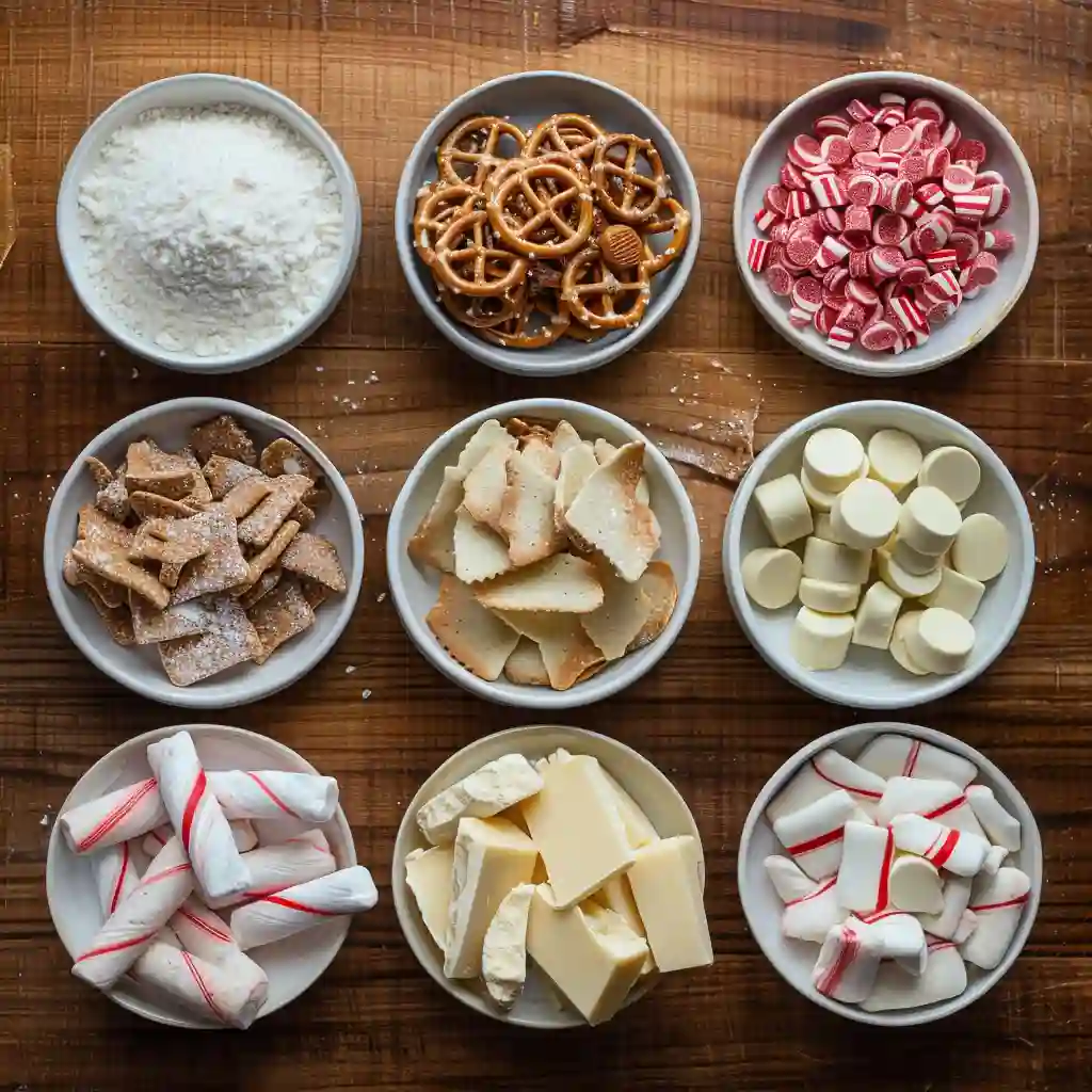 Ingredients for White Chocolate Peppermint Pretzel Crisps