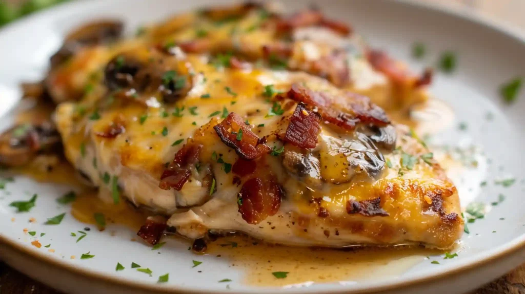 Alice Springs Chicken topped with melted cheese, bacon, and herbs.