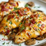 Alice Springs Chicken with mushroom sauce, bacon, and melted cheese.