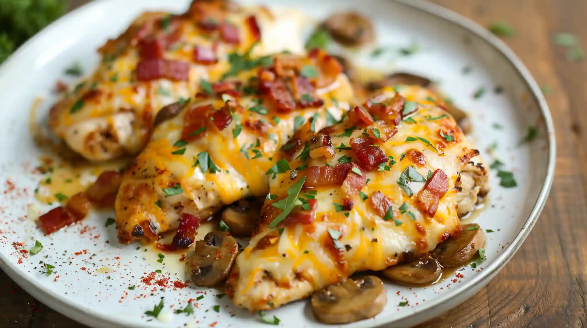 Alice Springs Chicken with mushroom sauce, bacon, and melted cheese.