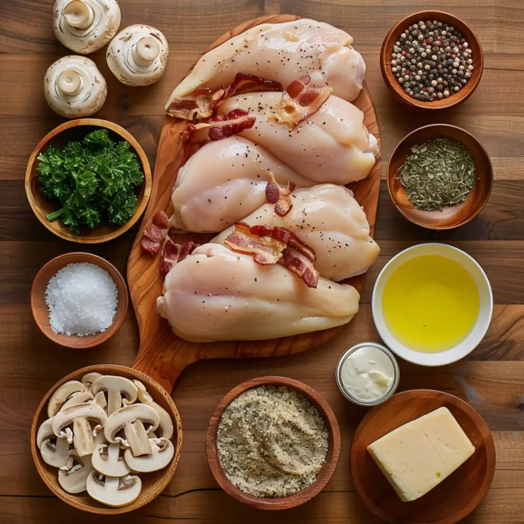 Ingredients for Alice Springs Chicken including raw chicken, mushrooms, bacon, and cheese.