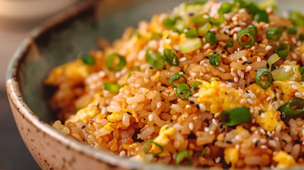 Close-up of Bang Bang Fried Rice garnished with sesame seeds and green onions
