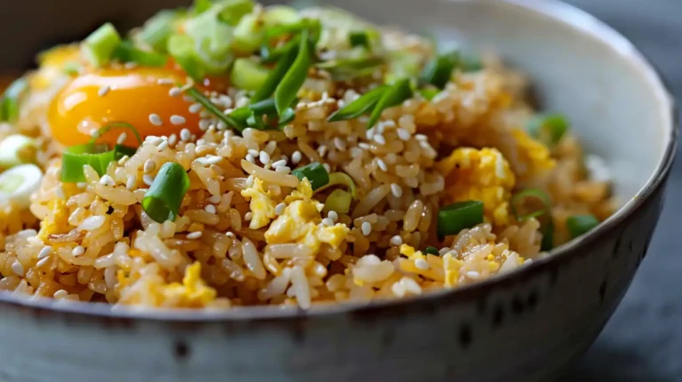 Bang Bang Fried Rice with egg yolk and scallions in a ceramic bowl