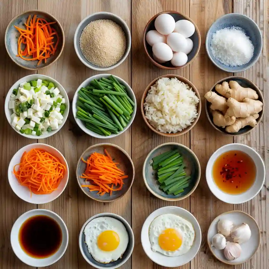 Ingredients for Bang Bang Fried Rice including rice, eggs, vegetables, and sauces