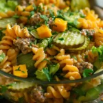 Big Mac Pasta Salad with pickles, cheese, and lettuce