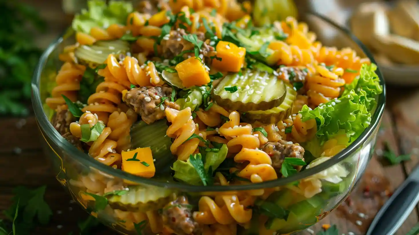 Big Mac Pasta Salad with pickles, cheese, and lettuce
