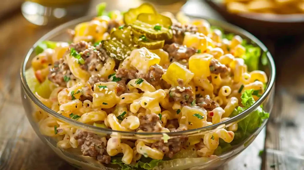 Creamy Big Mac Pasta Salad topped with pickles