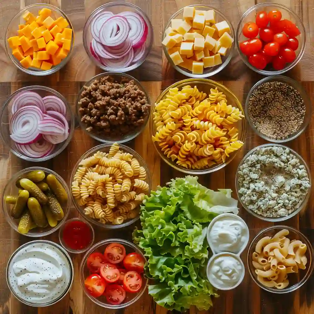 Ingredients for Big Mac Pasta Salad