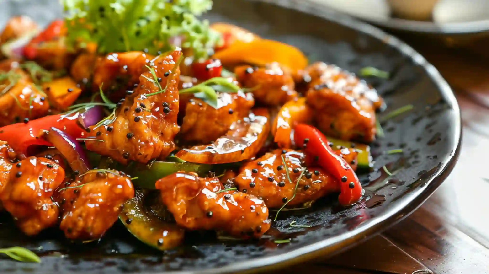 Plated black pepper chicken with vegetables and sesame seeds