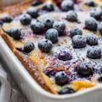 Freshly baked blueberry buttermilk pancake casserole with powdered sugar topping