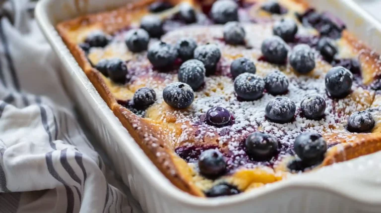 Freshly baked blueberry buttermilk pancake casserole with powdered sugar topping