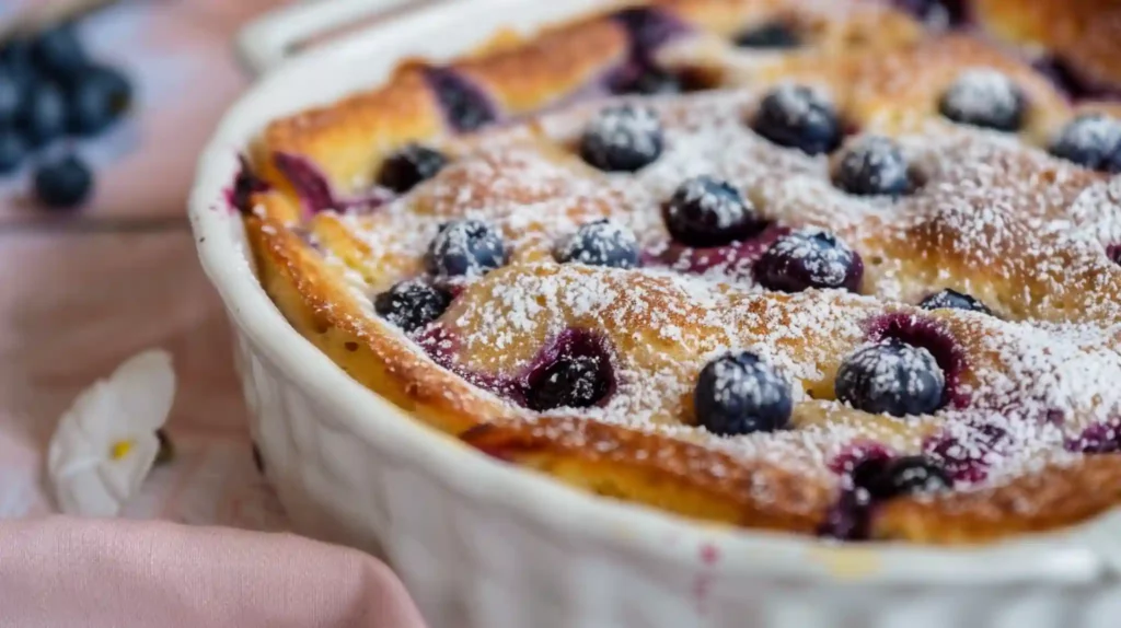 Blueberry buttermilk pancake casserole in a white dish with powdered sugar