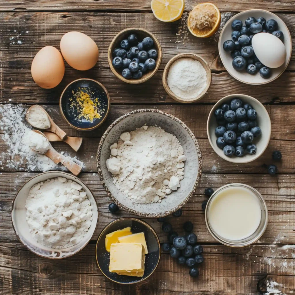 Ingredients for blueberry buttermilk pancake casserole on rustic wooden table