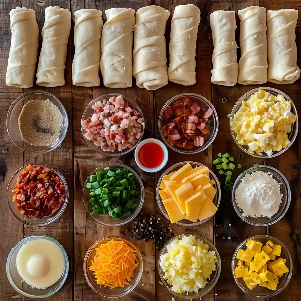 Ingredients for breakfast taquitos including dough, bacon, eggs, and cheese