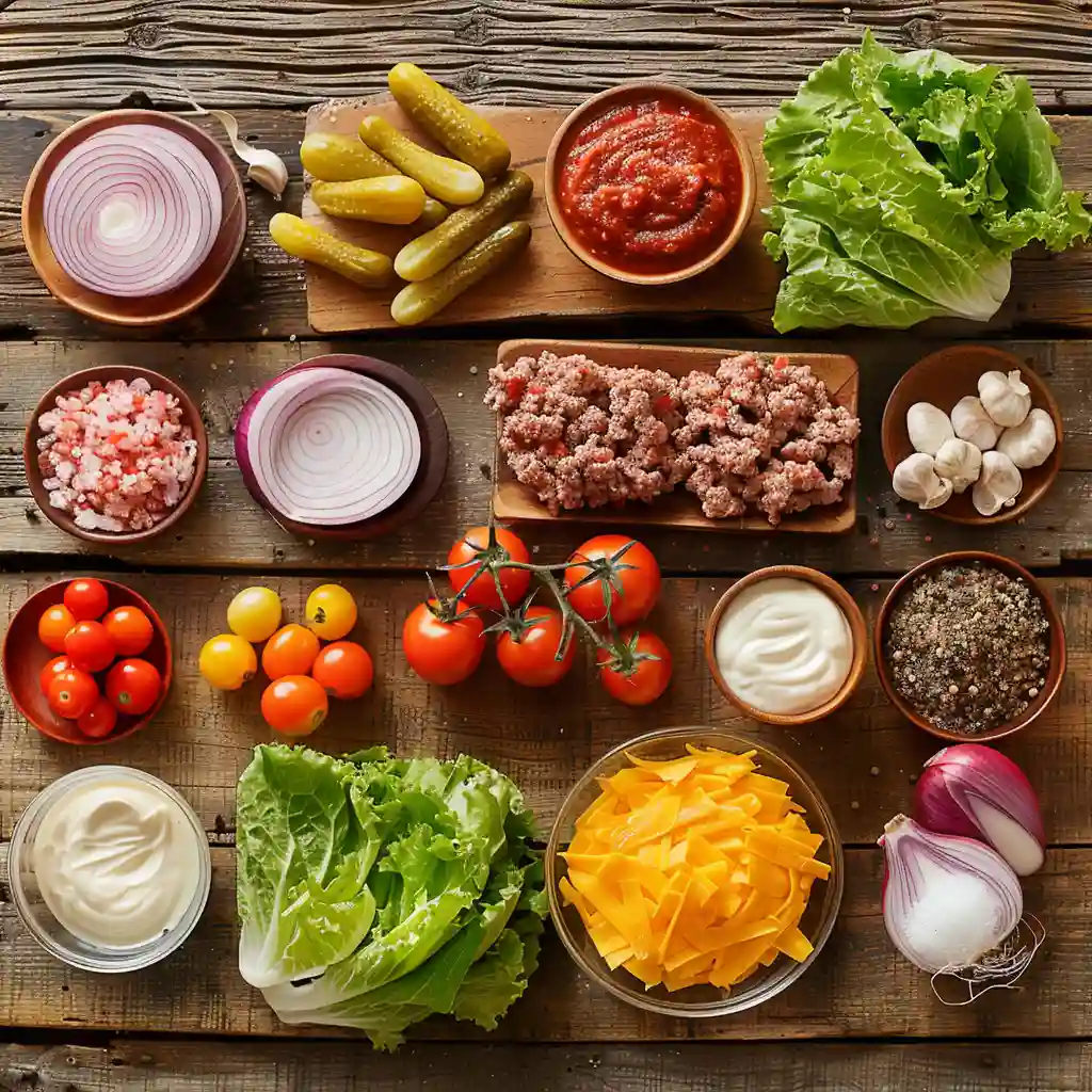 Burger bowl ingredients including ground beef, lettuce, cheese, and pickles