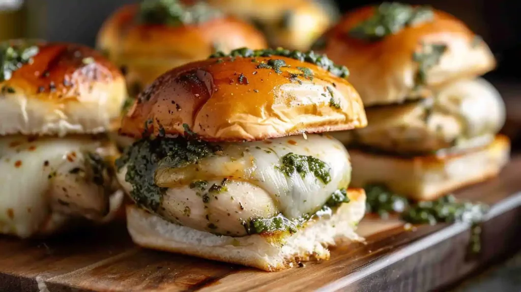 Cheesy garlic pesto chicken sliders closeup