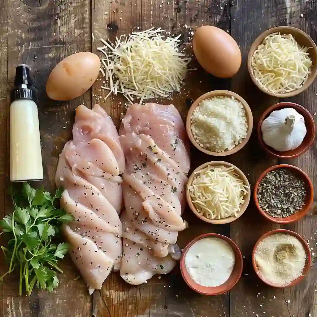Ingredients for cheesy sour cream chicken on wood