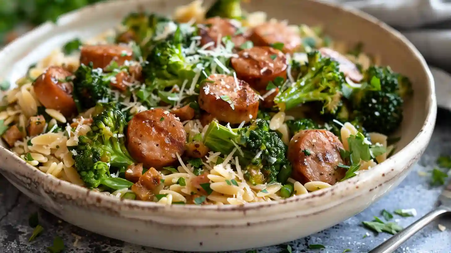 chicken sausage broccoli orzo pasta in a rustic bowl with parmesan