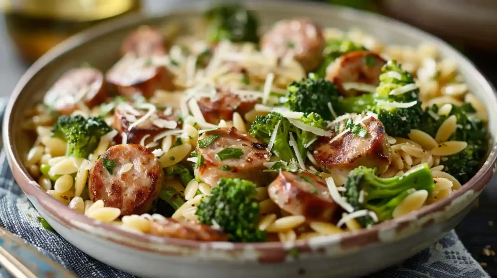 Chicken Sausage and Broccoli Orzo topped with cheese and herbs