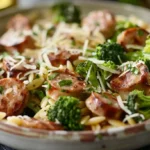 Chicken Sausage and Broccoli Orzo topped with cheese and herbs