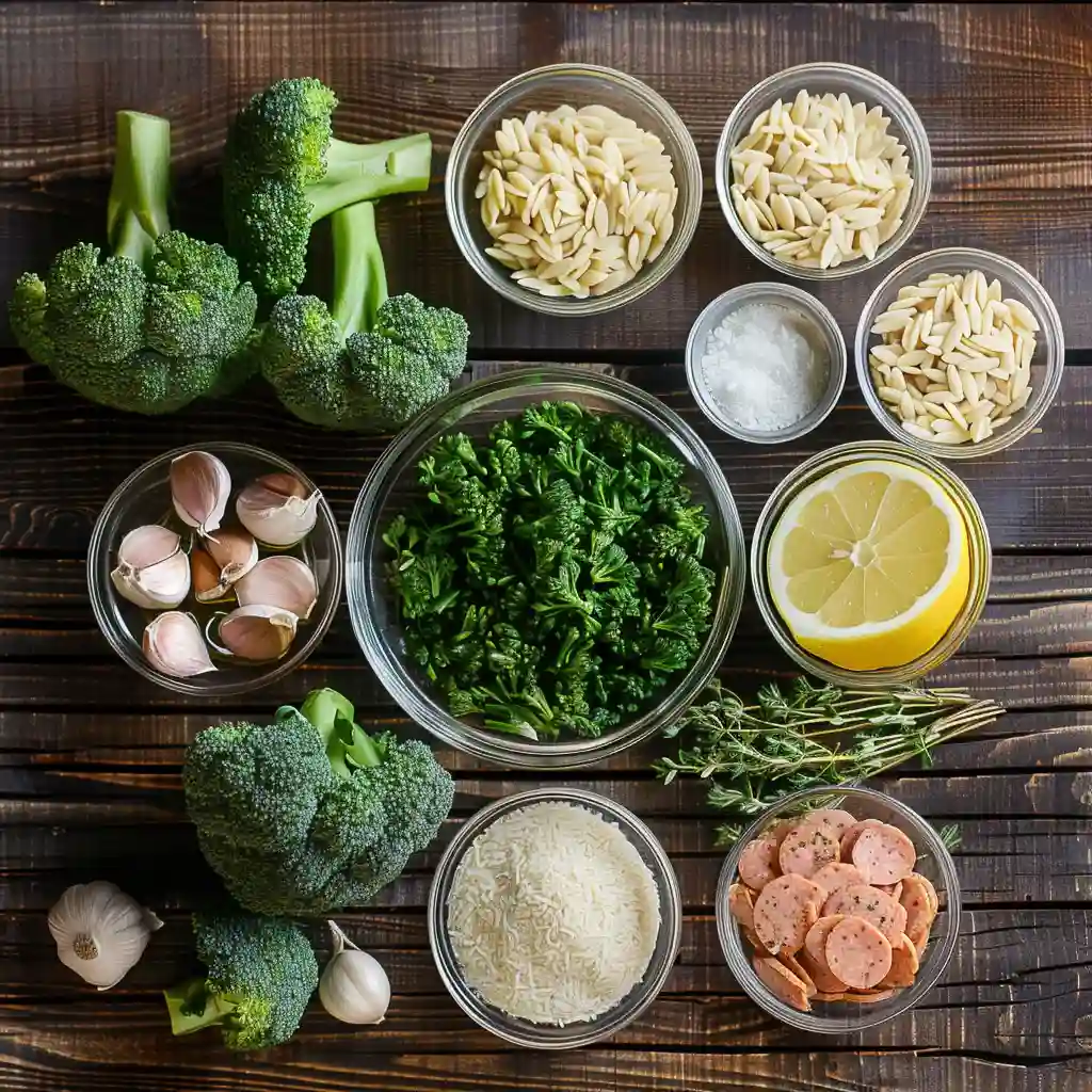 ingredients for chicken sausage broccoli orzo including pasta, sausage, and broccoli