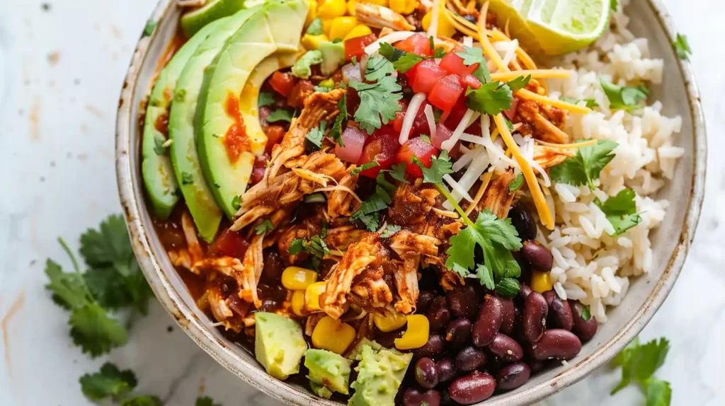 Chicken Burrito Bowl with shredded chicken, avocado, black beans, and rice
