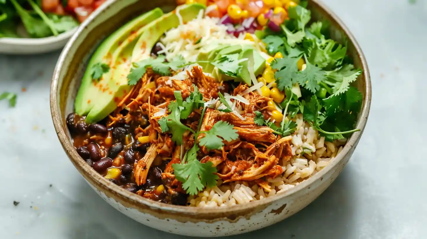 Colorful Chicken Burrito Bowl topped with lime, cheese, and fresh vegetables