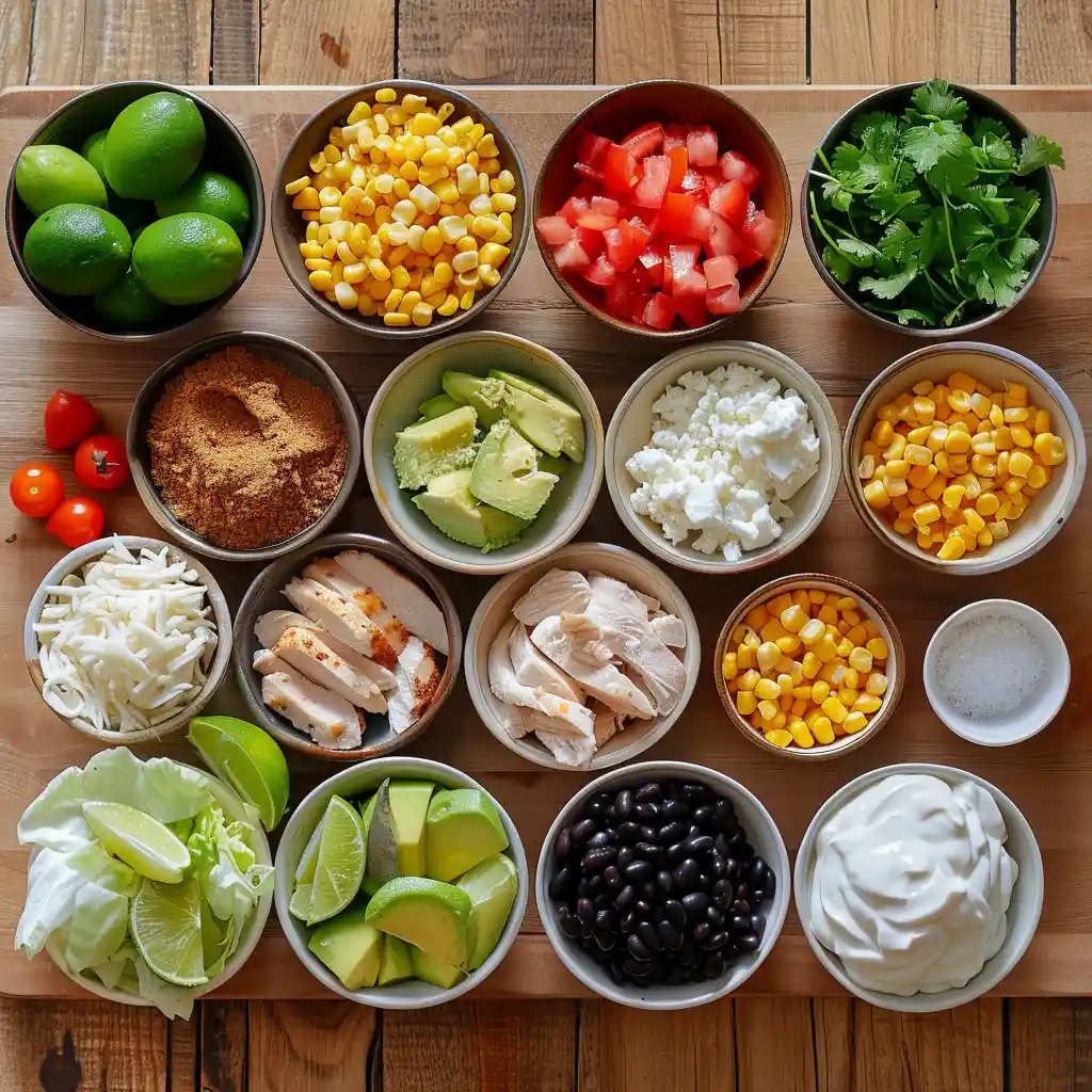 Top-down view of Chicken Burrito Bowl ingredients including corn, chicken, and beans