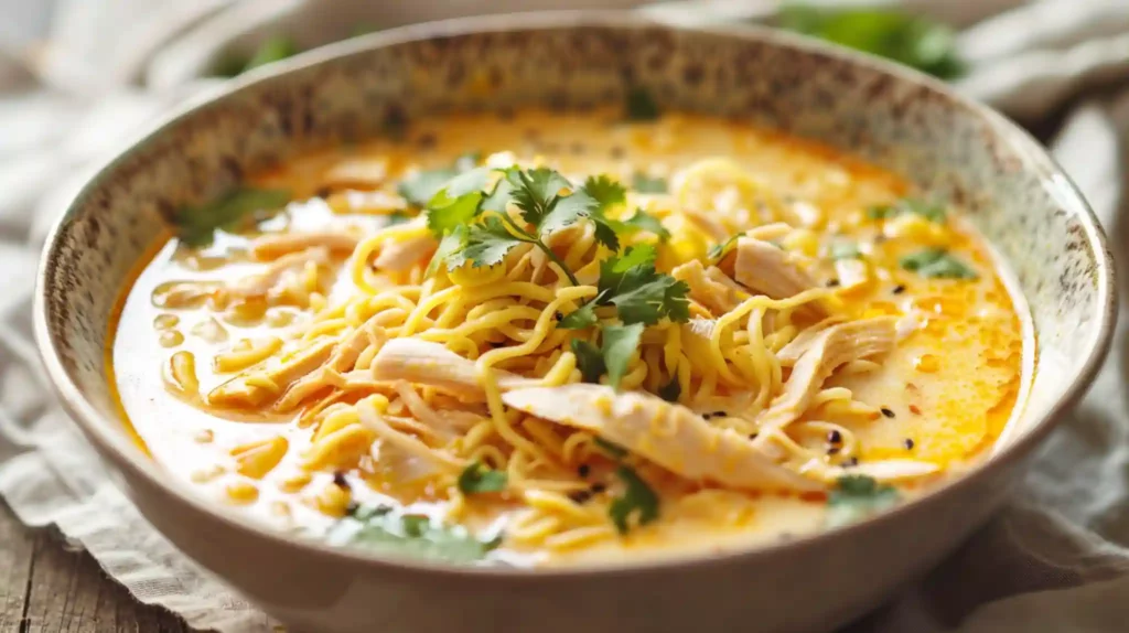 Creamy chicken noodle soup with coconut milk and ramen