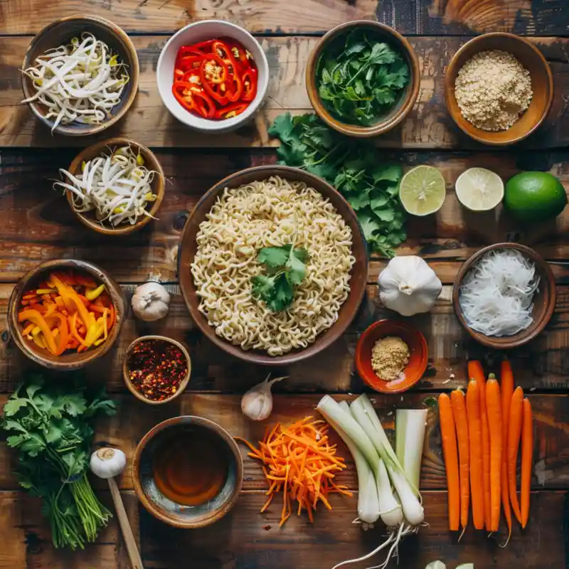 Ingredients for chicken noodle soup with coconut milk and ramen