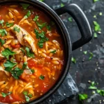 Chicken Orzo Tomato Soup in a black pot garnished with parsley