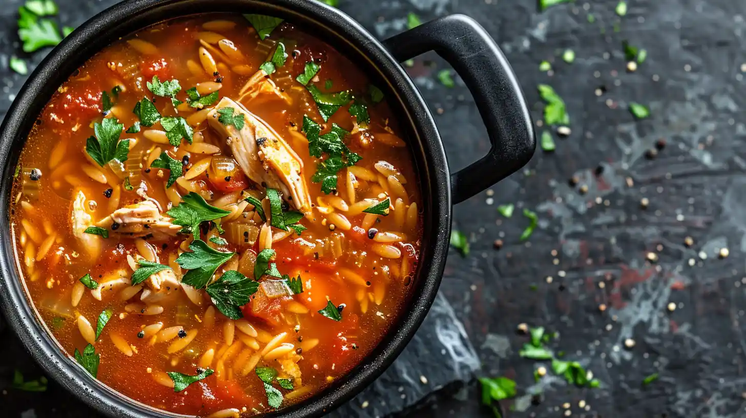 Chicken Orzo Tomato Soup in a black pot garnished with parsley