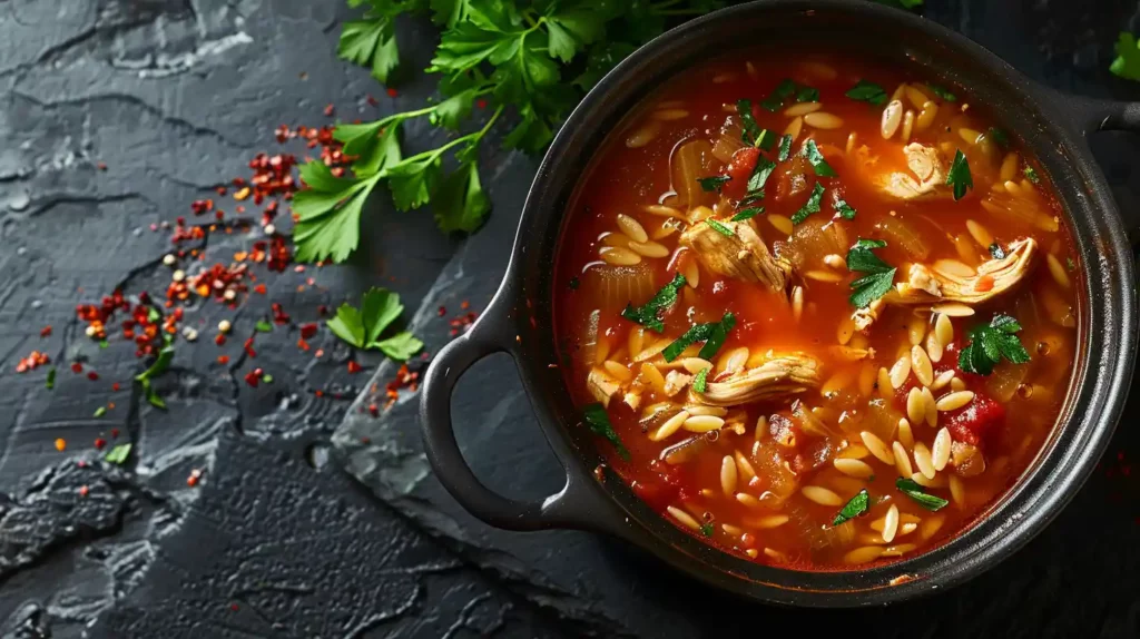 Hearty Chicken Orzo Tomato Soup with shredded chicken and herbs