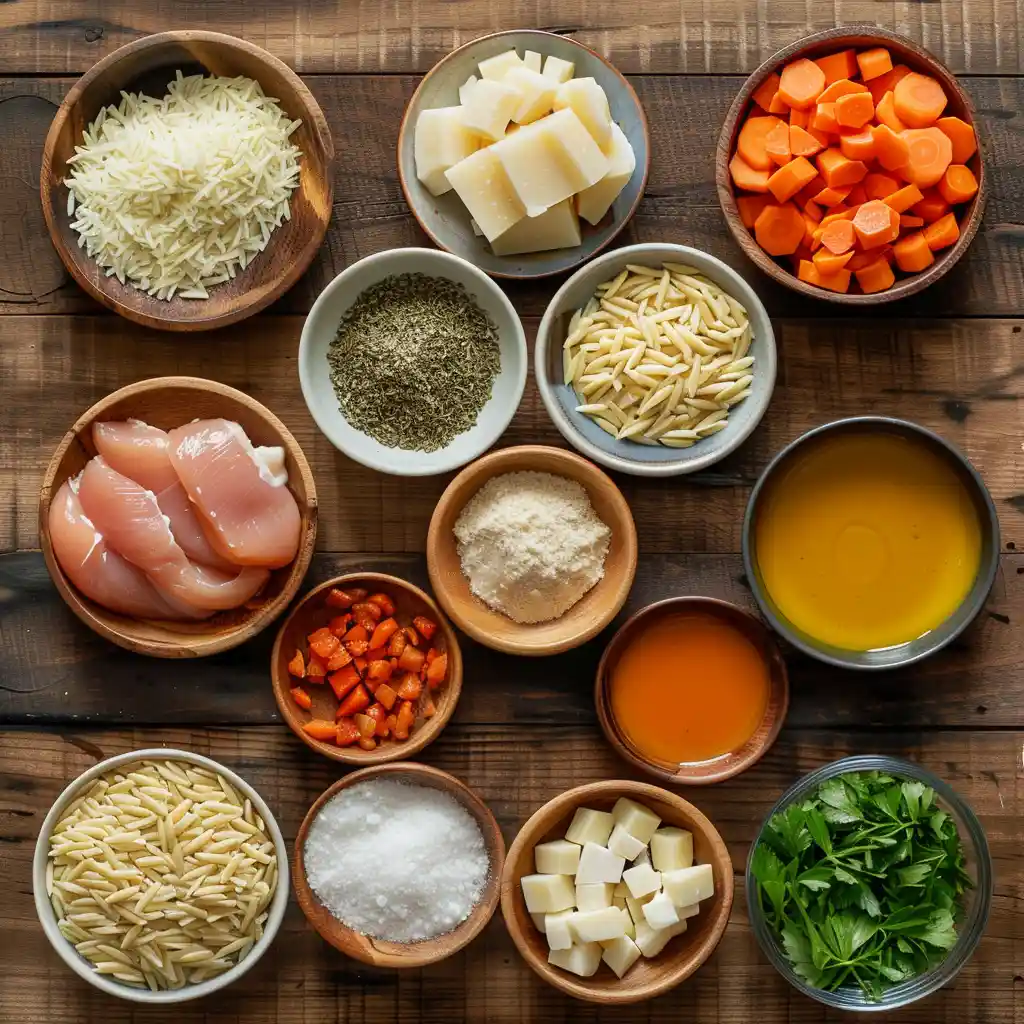 Top-down view of Chicken Orzo Tomato Soup ingredients on a wooden table
