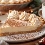 Christmas Eve Cinnamon-Vanilla Custard Pie slice with whipped cream and cinnamon