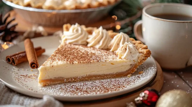 Christmas Eve Cinnamon-Vanilla Custard Pie slice with whipped cream and cinnamon