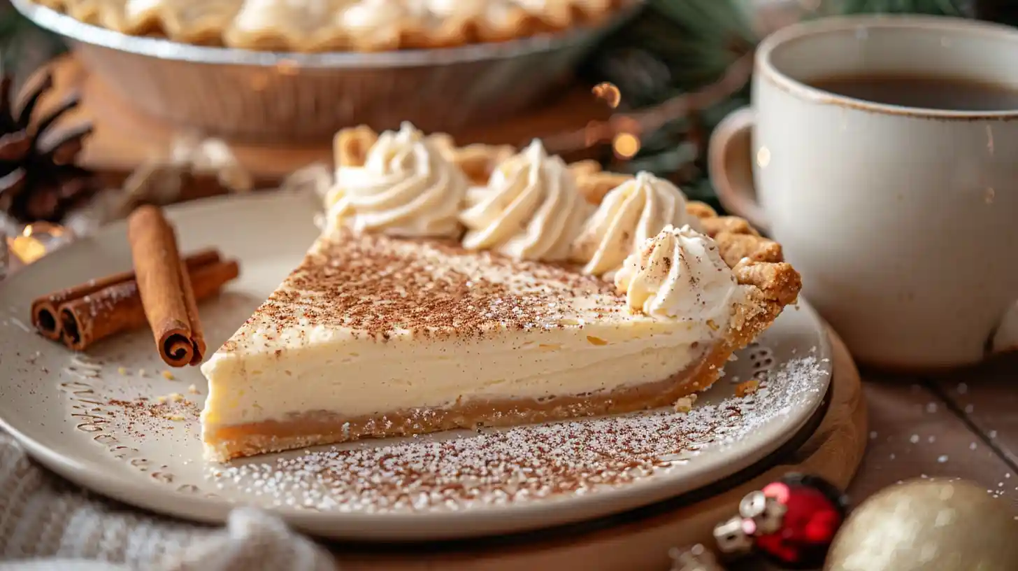 Christmas Eve Cinnamon-Vanilla Custard Pie slice with whipped cream and cinnamon