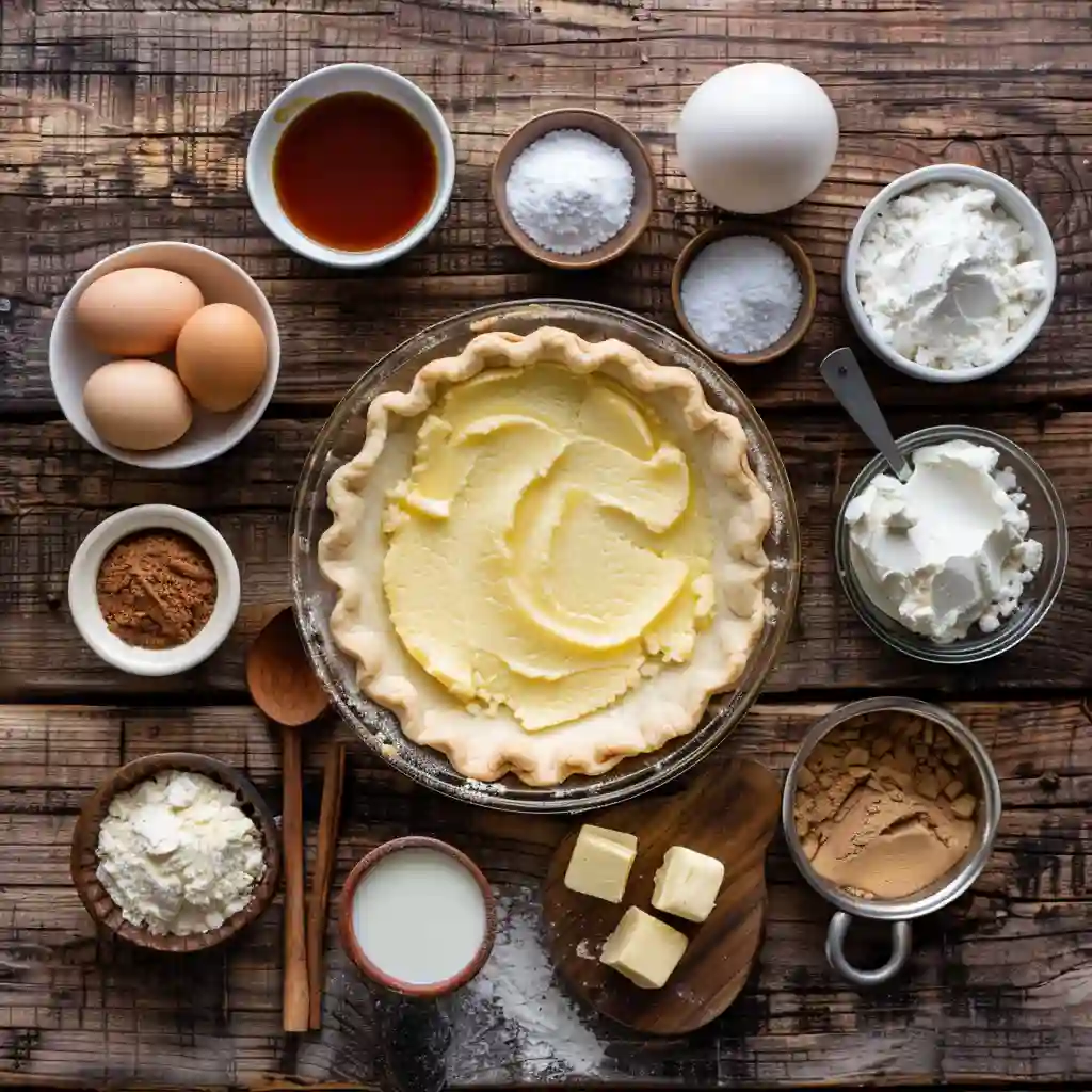 Ingredients for Christmas Eve Cinnamon-Vanilla Custard Pie on rustic wooden table