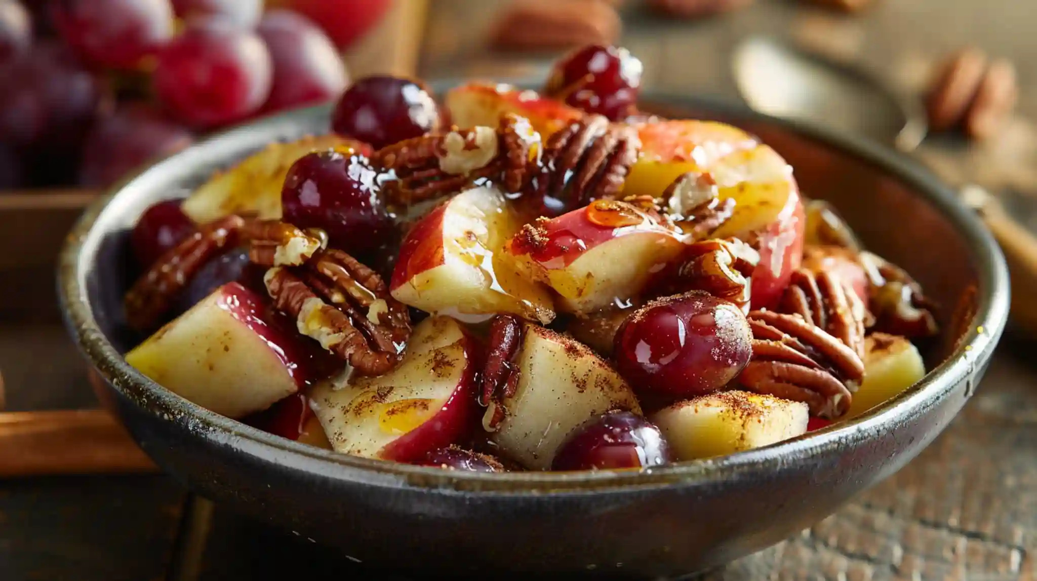 Cinnamon Apple Grape Salad with pecans in a rustic bowl