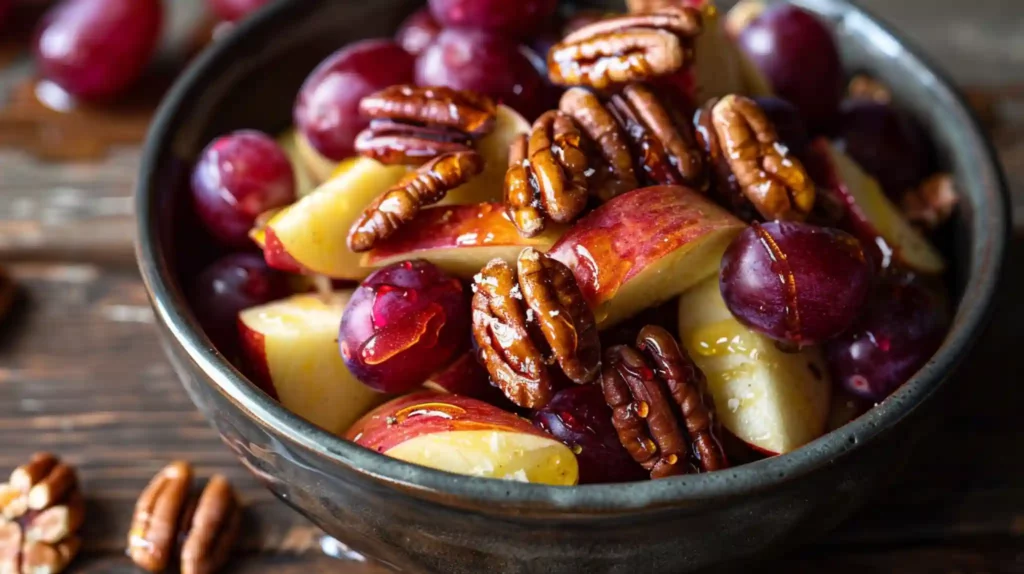 Bowl of Cinnamon Apple Grape Salad topped with honey and nuts
