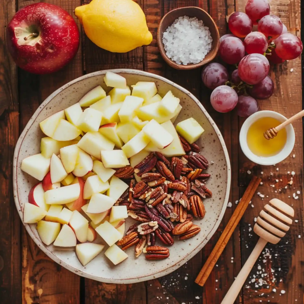 Ingredients for Cinnamon Apple Grape Salad on wooden table