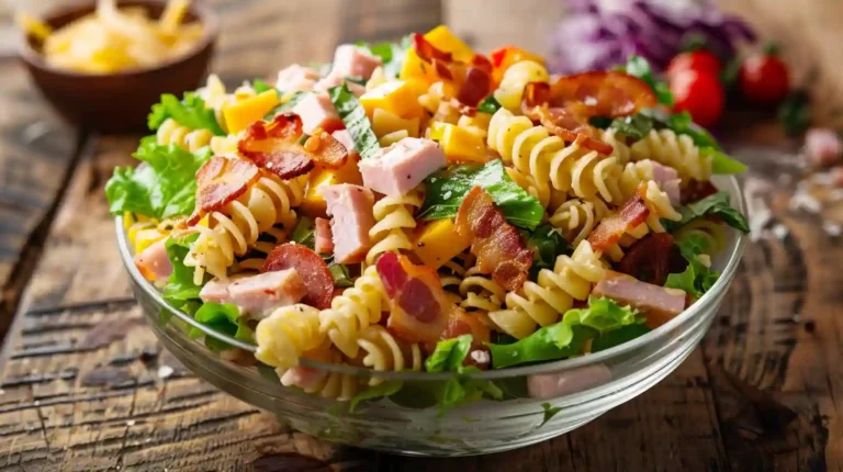 Club sandwich pasta salad with rotini, bacon, ham, and cheddar