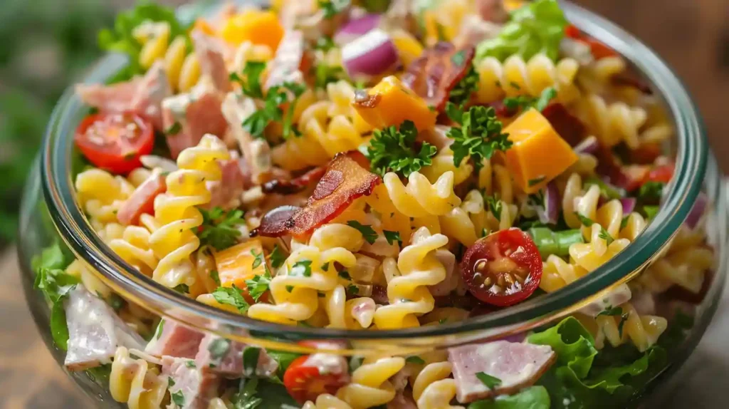Creamy club sandwich pasta salad with cherry tomatoes and bacon