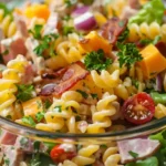 Creamy club sandwich pasta salad with cherry tomatoes and bacon