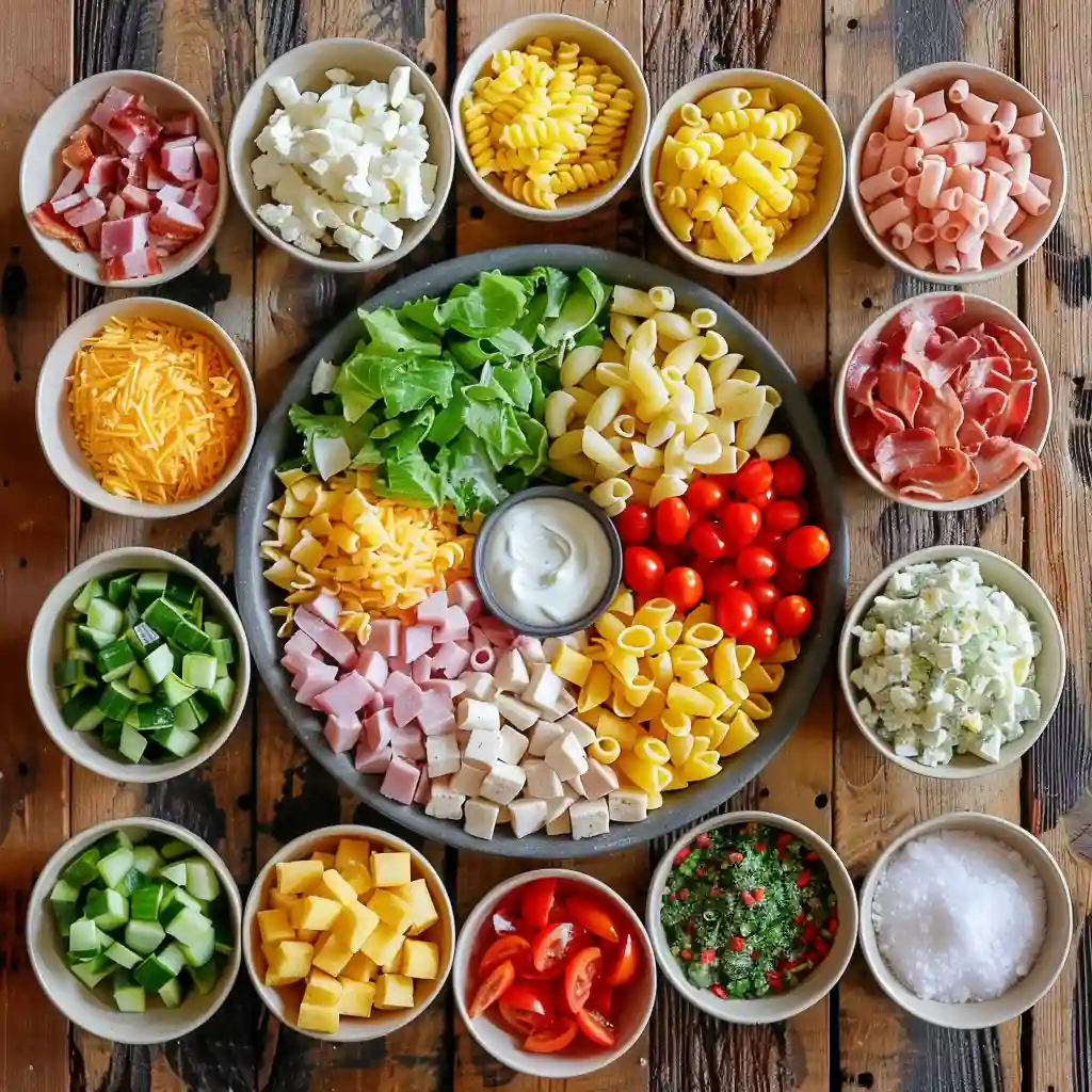 Ingredients for club sandwich pasta salad on a rustic wood table