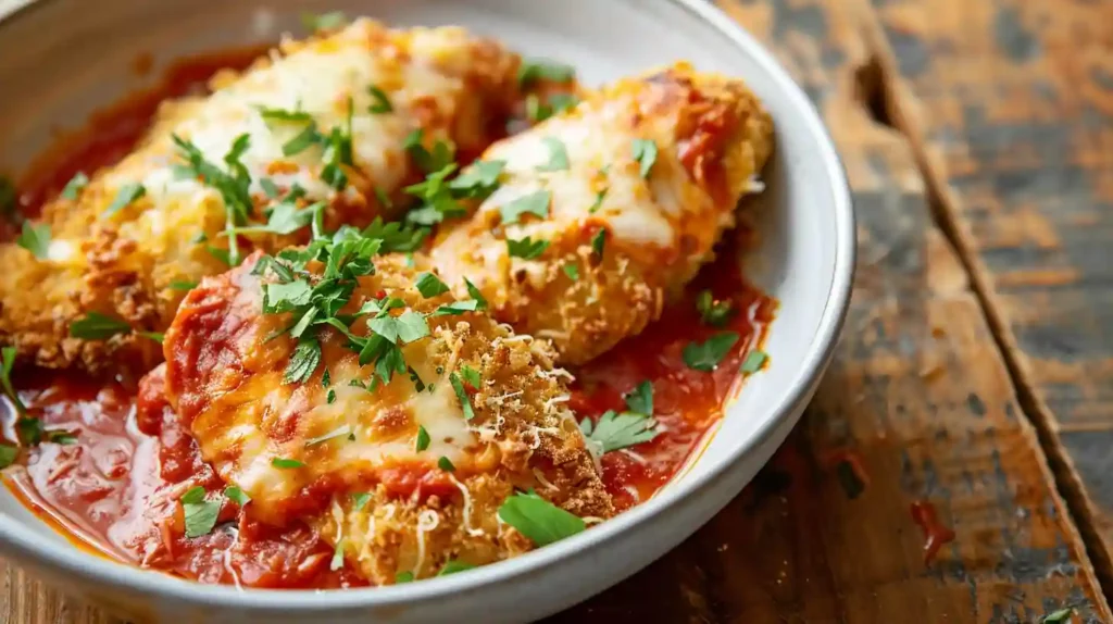 Cottage Cheese Chicken Parm Bowl baked in marinara and topped with melted cheese