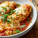 Cottage Cheese Chicken Parm Bowl baked in marinara and topped with melted cheese