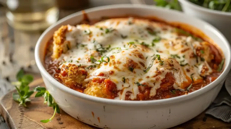 Crispy cottage cheese chicken parmesan served with marinara sauce