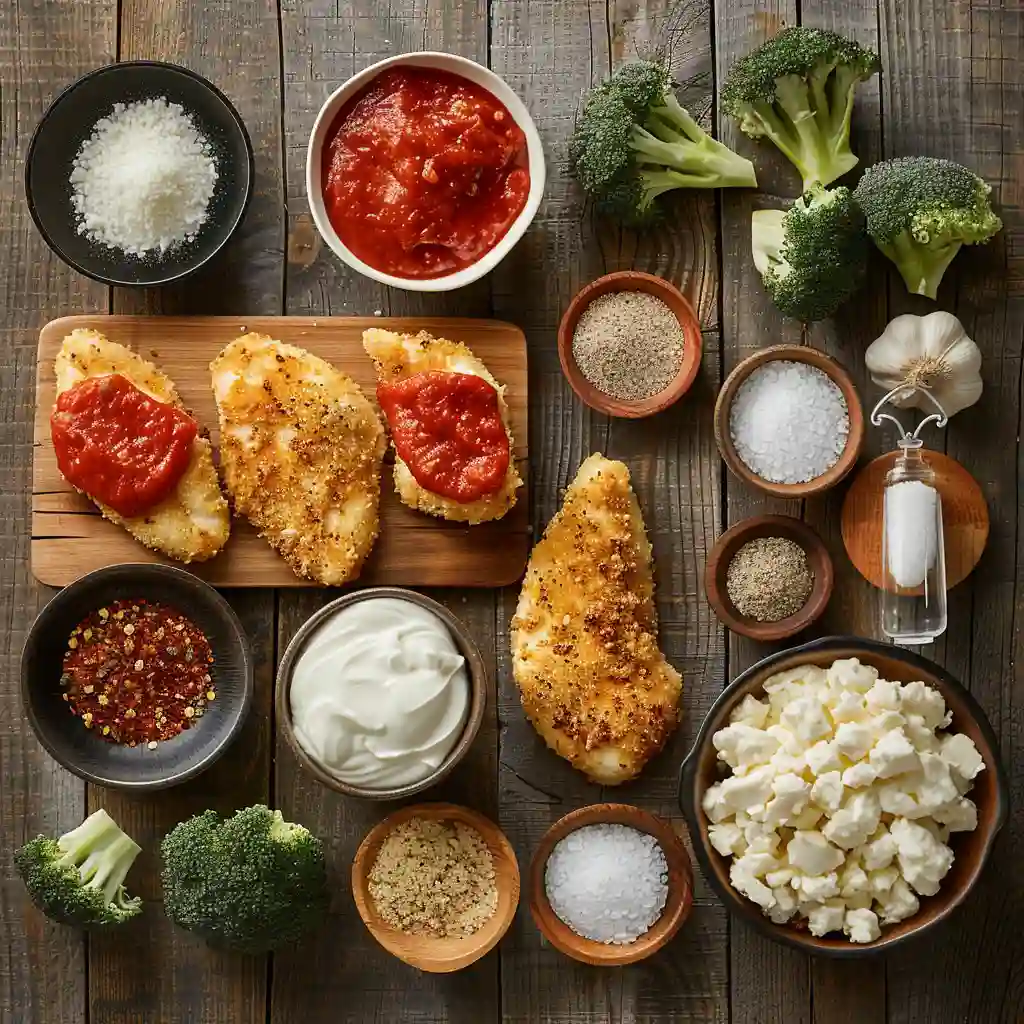 Ingredients for cottage cheese chicken parm bowl on rustic wood table